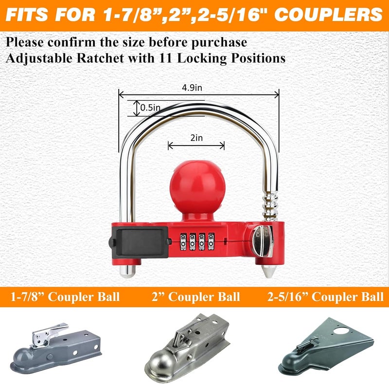 Funmit Trailer Lock Universal Hitch Lock with Combination Lock, fit 1-7/8", 2", 2-5/16" Coupler, Camper Accessories for Travel Trailers Boats Trucks Rvs Red - Image 4